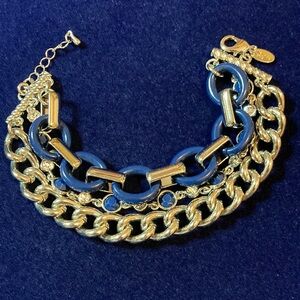 Lia Sophia silver tone and blue enameled w/crystals triple strand link bracelet